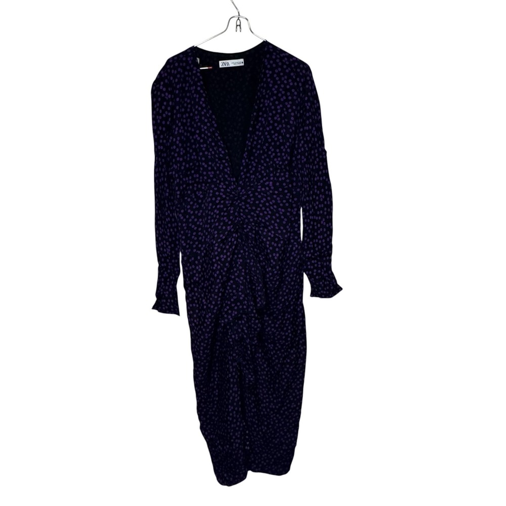 ZARA Womens Dress Draped Silhouette Purple Polka Dots Long Sleeve Deep V-Neck XL